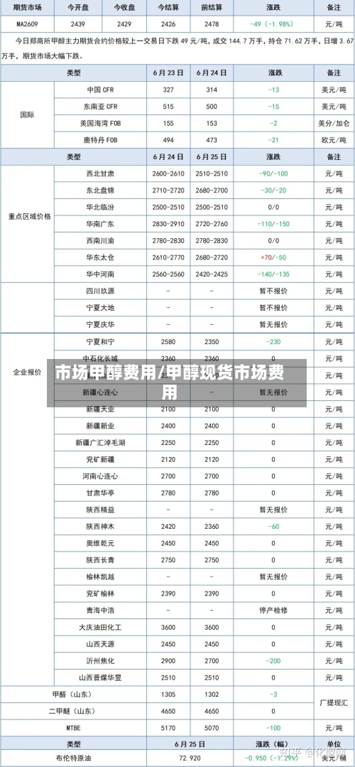 市场甲醇费用/甲醇现货市场费用